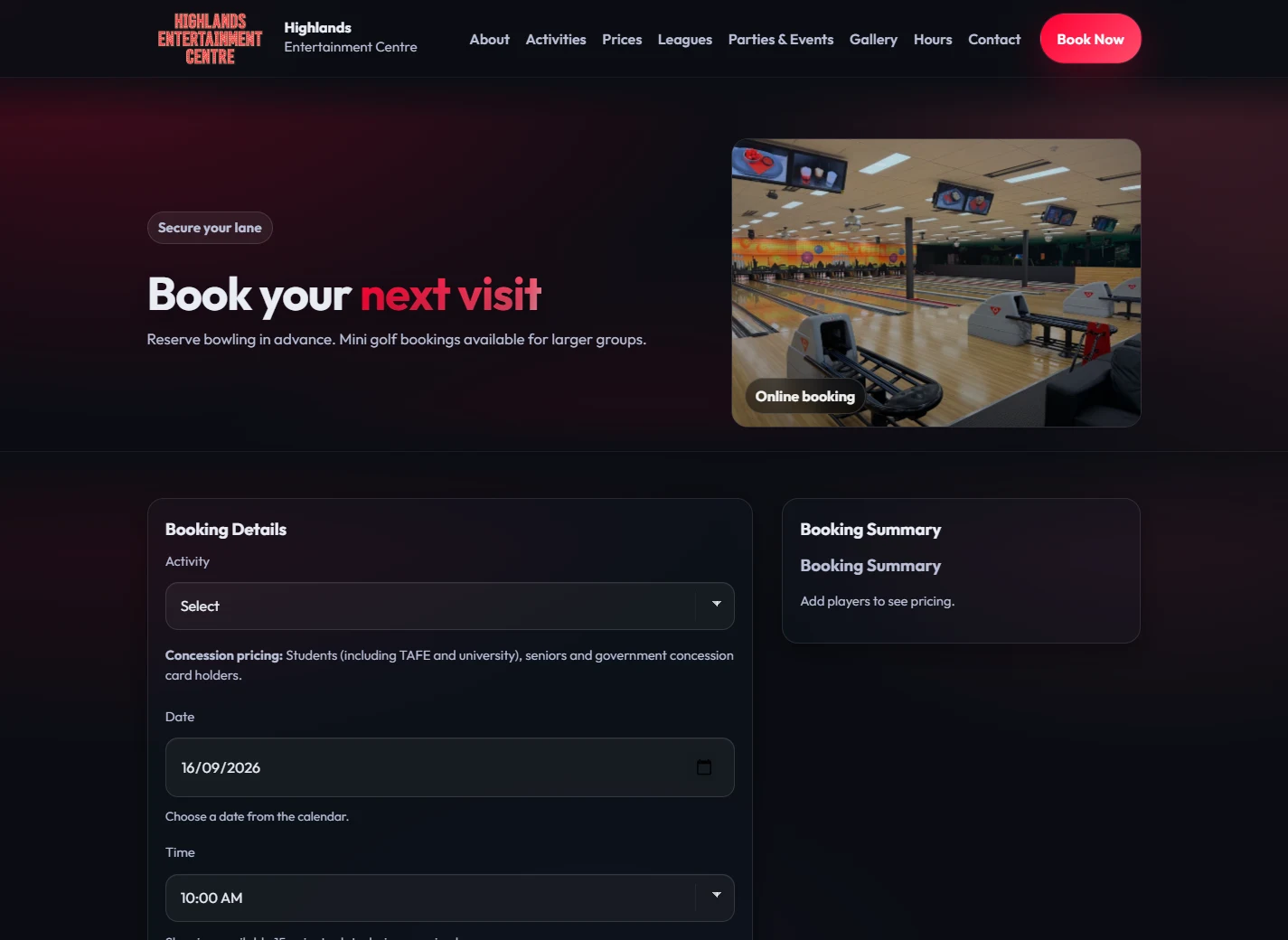 Highlands Entertainment Centre party-booking page with booking details and a customer summary