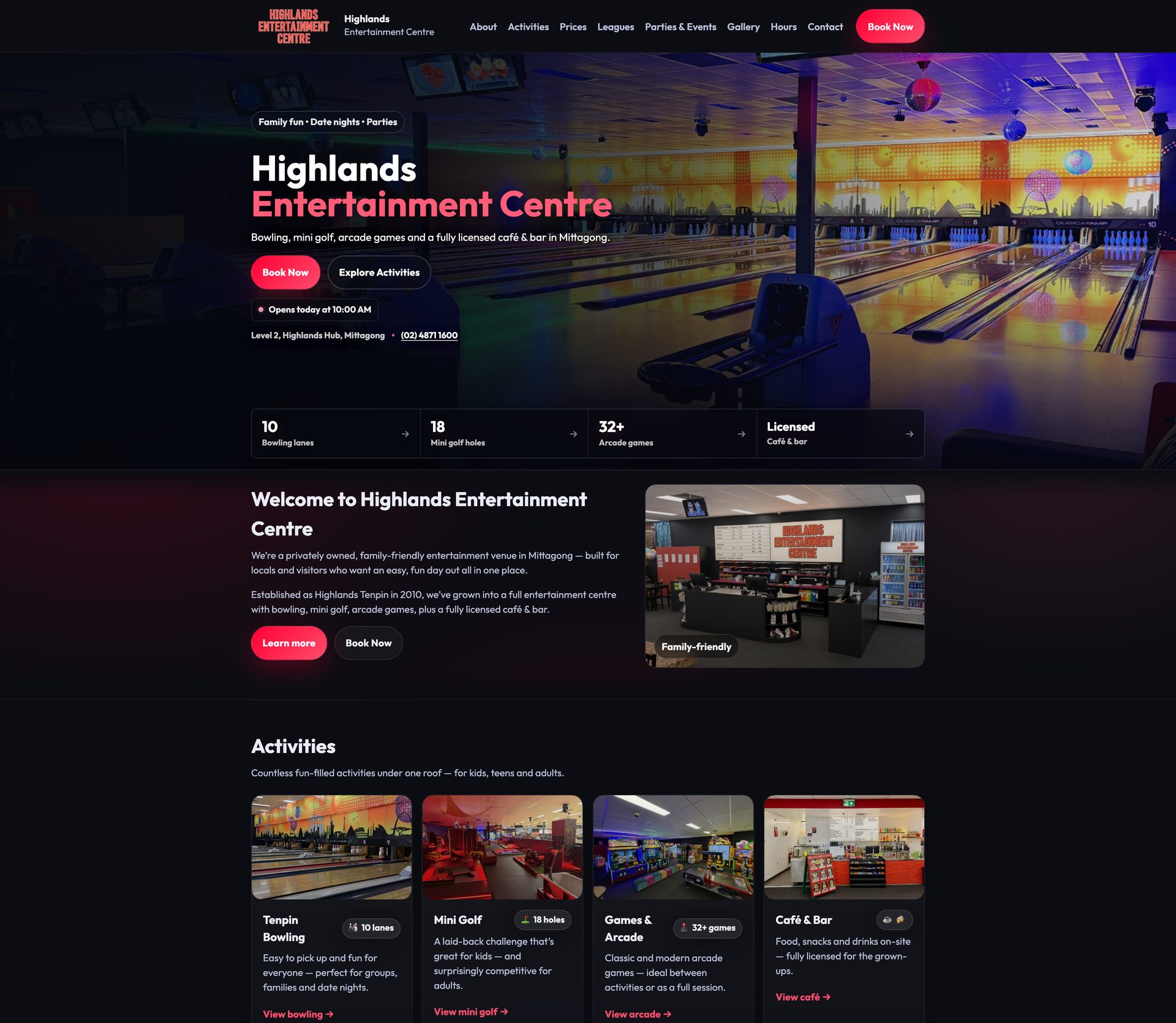 Highlands Entertainment Centre — desktop website screenshot