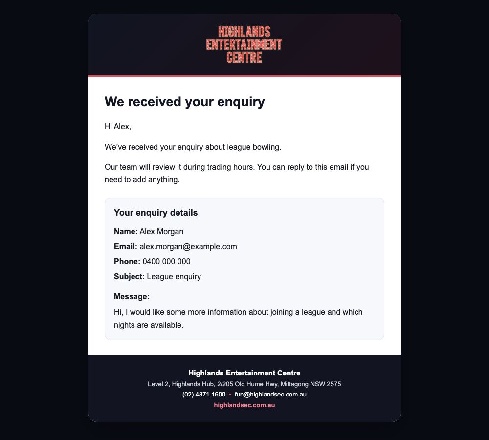 Branded Highlands Entertainment Centre customer email
