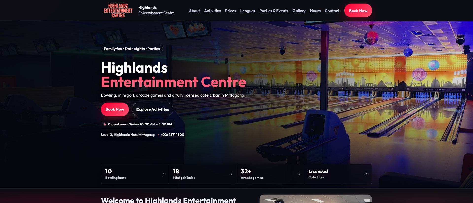 Highlands Entertainment Centre website showing its homepage and booking actions