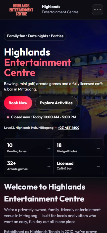 Highlands Entertainment Centre homepage on mobile, showing the main heading and booking actions