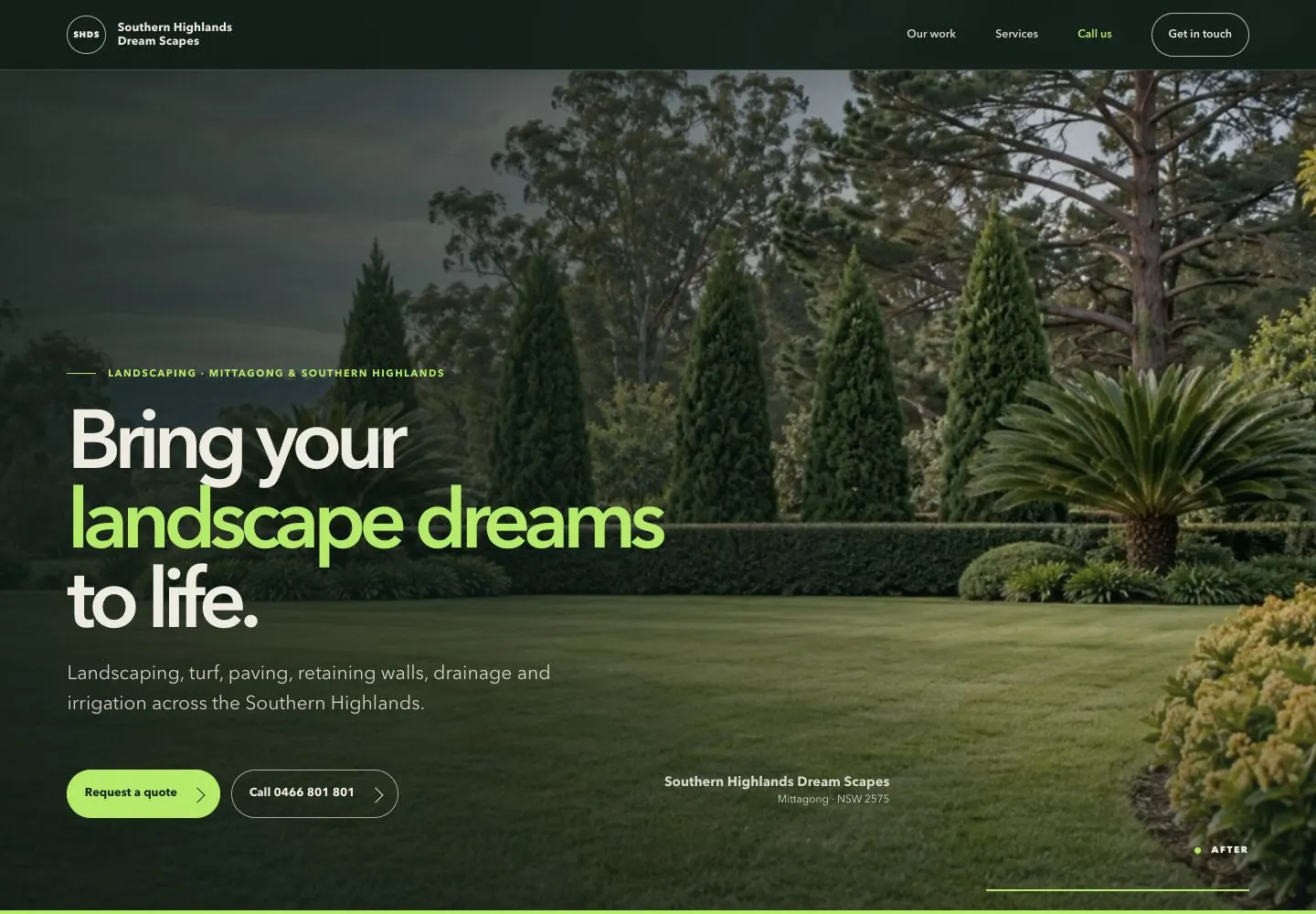 Southern Highlands Dream Scapes desktop homepage showing the completed landscaping, headline and quote action
