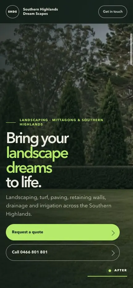Southern Highlands Dream Scapes mobile homepage with the completed landscape and request-a-quote action